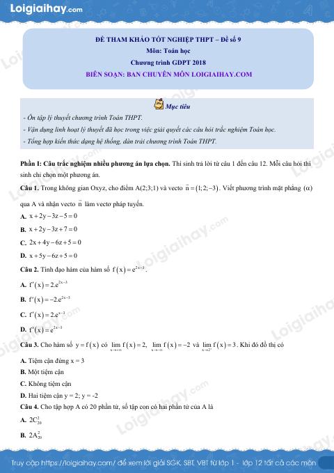 Đề tham khảo thi THPT môn Toán - Đề số 9 (hay, chi tiết)